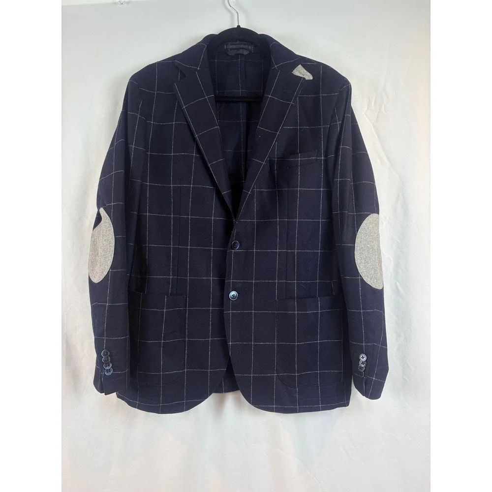 L.B.M. 1911 Italy Navy Blue Windowpane Virgin Wool Blazer Elbow Patches 52R 2892
